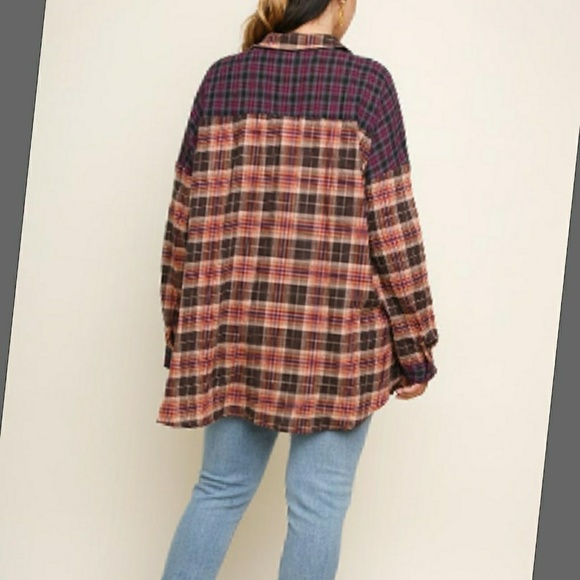 Umgee Asymmetrical Mixed Plaid Button Front Tunic - Picture 3 of 7
